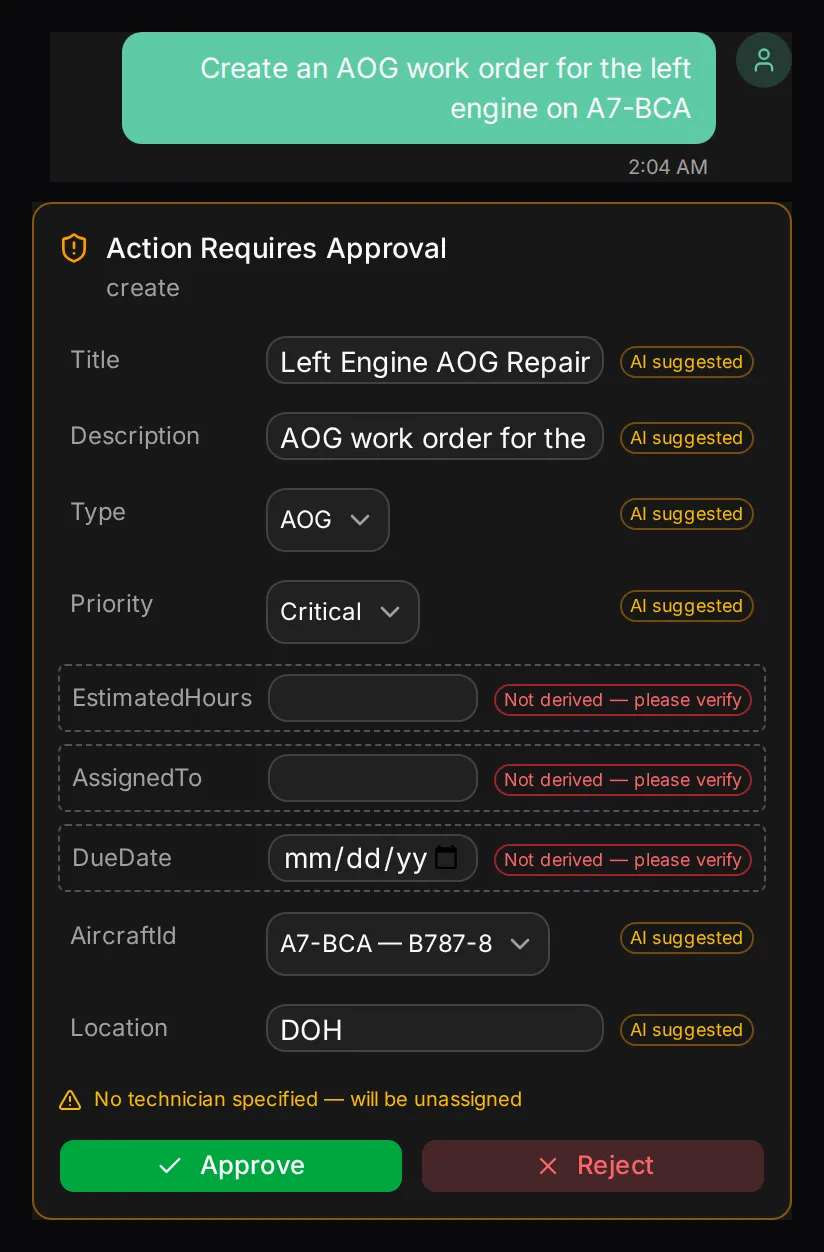 Meridian's chat panel showing an Evidence Card for a new AOG work order. Each field carries a provenance badge; Approve and Reject wait for a human.